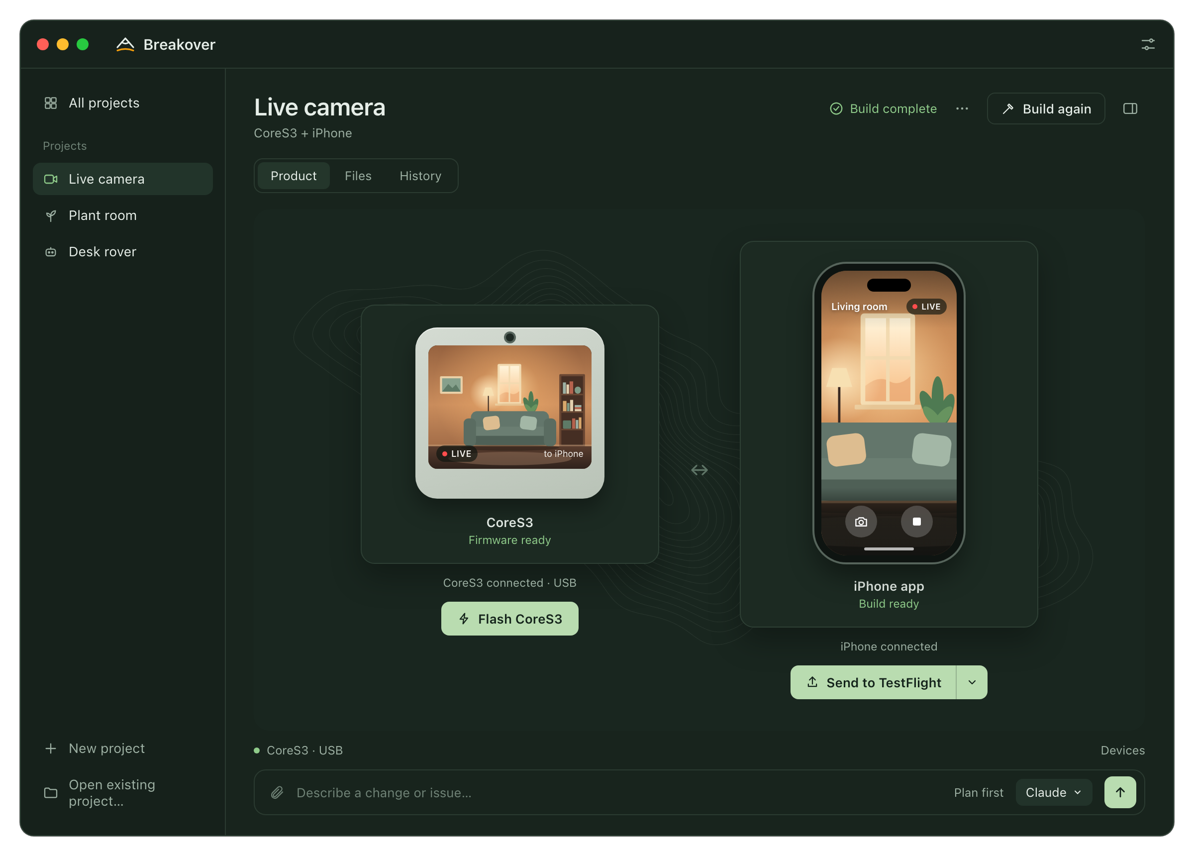 Breakover on a Mac: a CoreS3 streaming video to its iPhone app